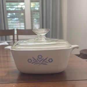 Corning ware Vintage White Casserole Dish with Blue Floral Design